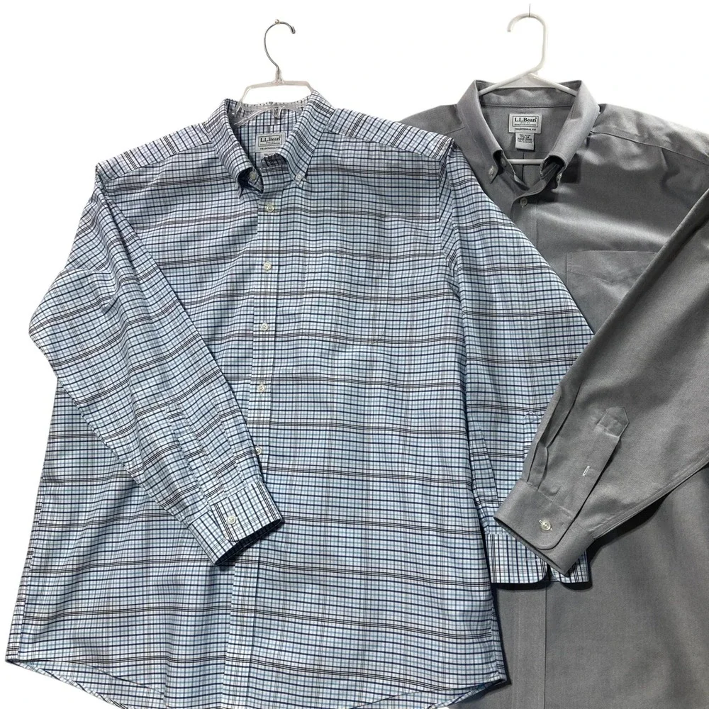 Lot 2 LL Bean Mens Traditional Fit Button‎ Down Shirt  Blue Plaid Gray 17.5 x 34